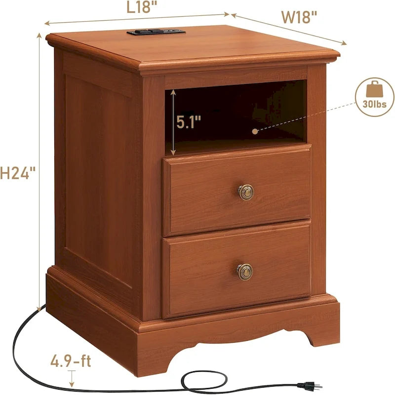 Table de chevet vintage en bois avec station de recharge, table d'appoint, table de chevet