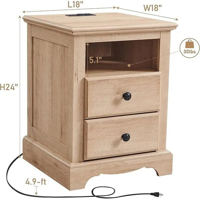 Table de chevet vintage en bois avec station de recharge, table d'appoint, table de chevet