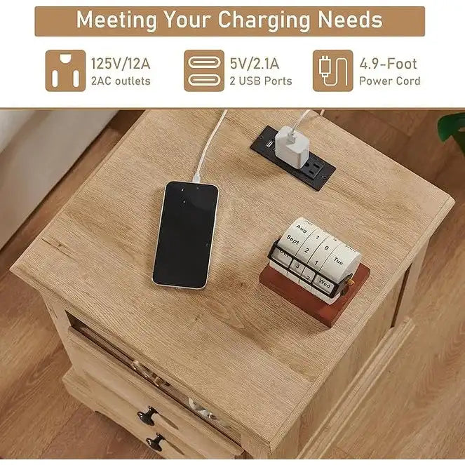 Table de chevet vintage en bois avec station de recharge, table d'appoint, table de chevet
