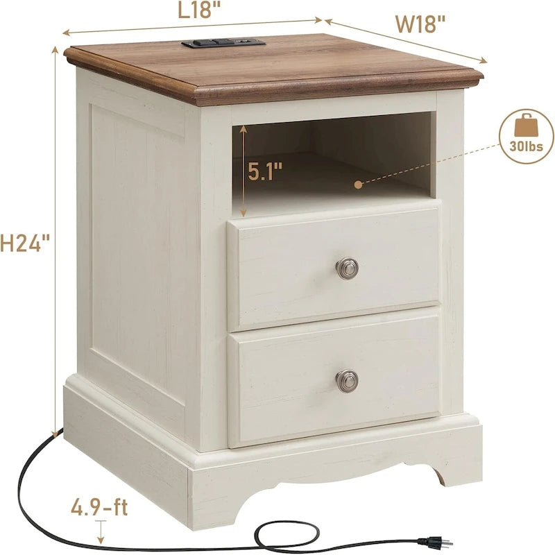 Table de chevet vintage en bois avec station de recharge, table d'appoint, table de chevet
