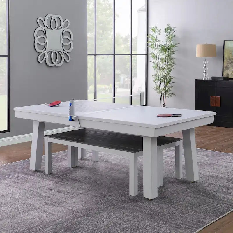 Ensemble table de billard Laguna pour intérieur/extérieur, 2,13 m (7 pi), en ardoise, avec 2 bancs et accessoires, finition blanche.