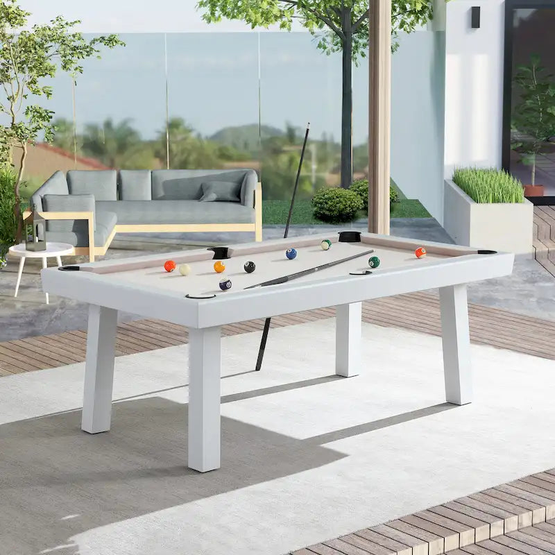 Ensemble table de billard Laguna pour intérieur/extérieur, 2,13 m (7 pi), en ardoise, avec 2 bancs et accessoires, finition blanche.