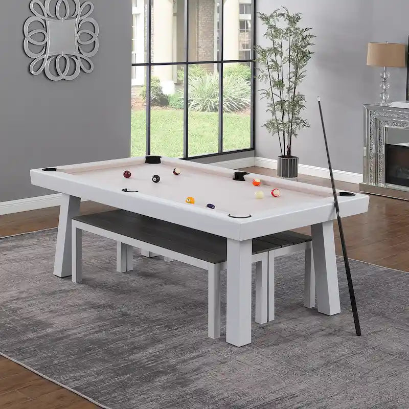 Ensemble table de billard Laguna pour intérieur/extérieur, 2,13 m (7 pi), en ardoise, avec 2 bancs et accessoires, finition blanche.