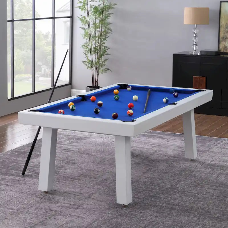 Ensemble table de billard Laguna pour intérieur/extérieur, 2,13 m (7 pi), en ardoise, avec 2 bancs et accessoires, finition blanche.