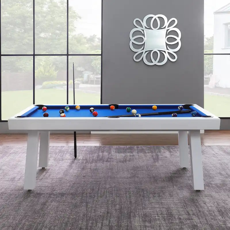 Ensemble table de billard Laguna pour intérieur/extérieur, 2,13 m (7 pi), en ardoise, avec 2 bancs et accessoires, finition blanche.