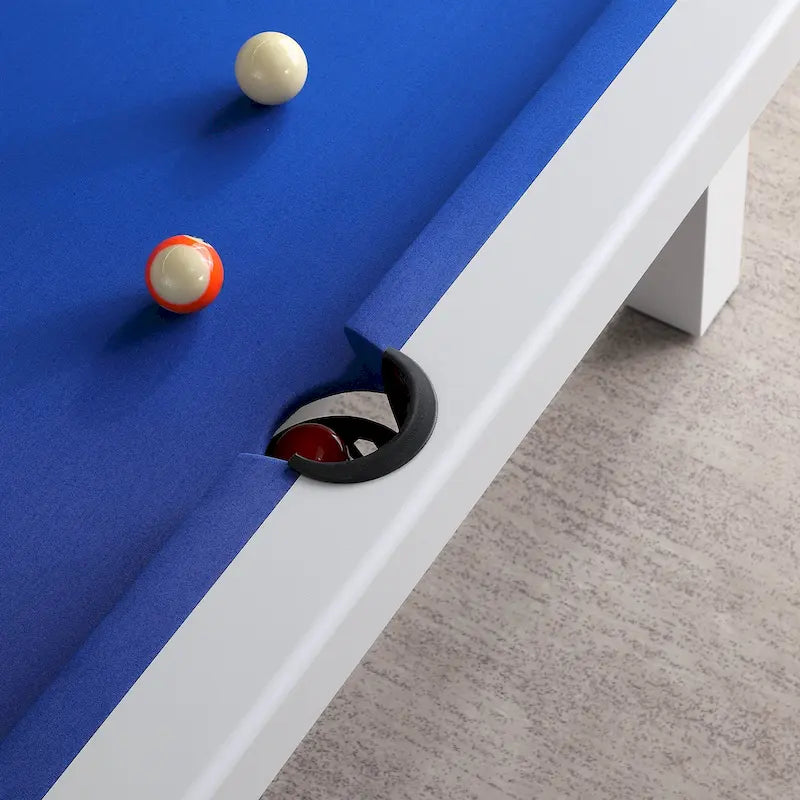 Ensemble table de billard Laguna pour intérieur/extérieur, 2,13 m (7 pi), en ardoise, avec 2 bancs et accessoires, finition blanche.