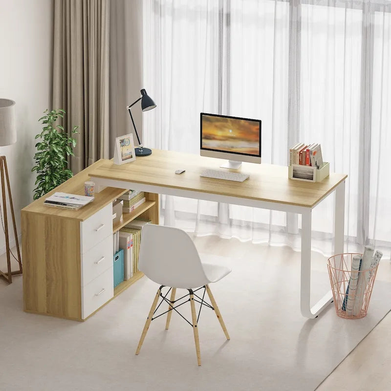 Bureau de direction en forme de L avec 3 tiroirs pour la maison et le bureau