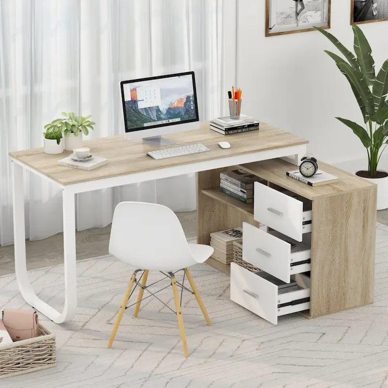 Bureau de direction en forme de L avec 3 tiroirs pour la maison et le bureau