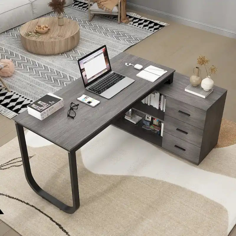 Bureau de direction en forme de L avec 3 tiroirs pour la maison et le bureau