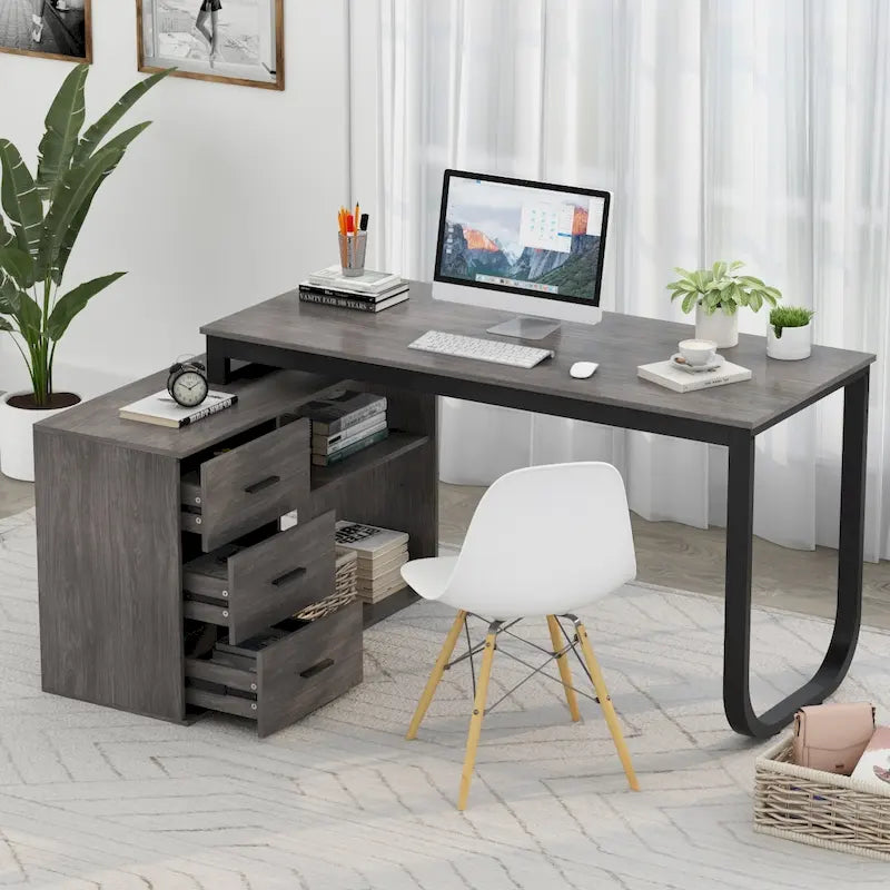 Bureau de direction en forme de L avec 3 tiroirs pour la maison et le bureau