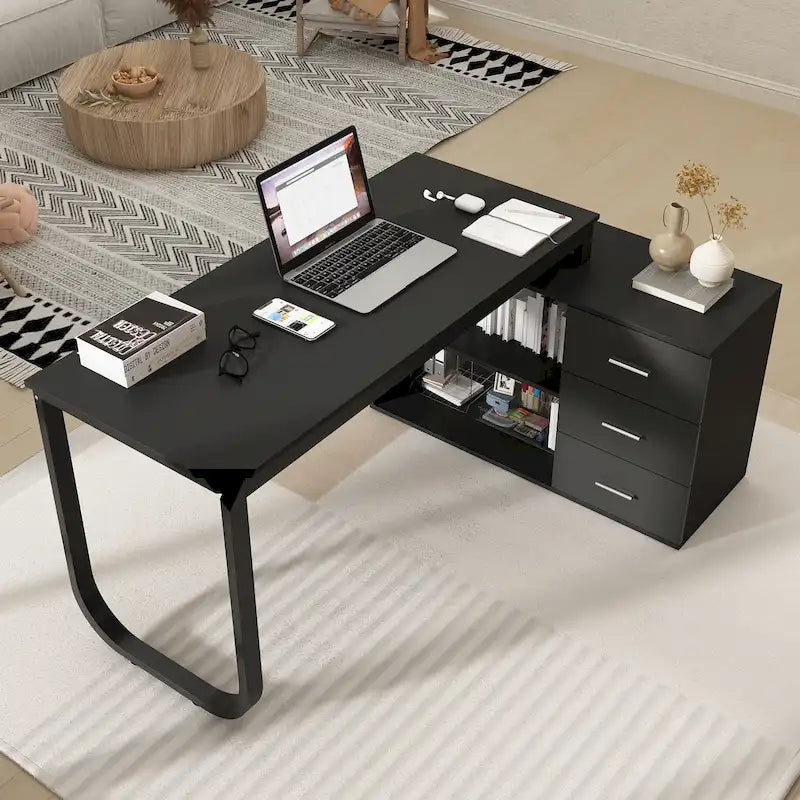 Bureau de direction en forme de L avec 3 tiroirs pour la maison et le bureau
