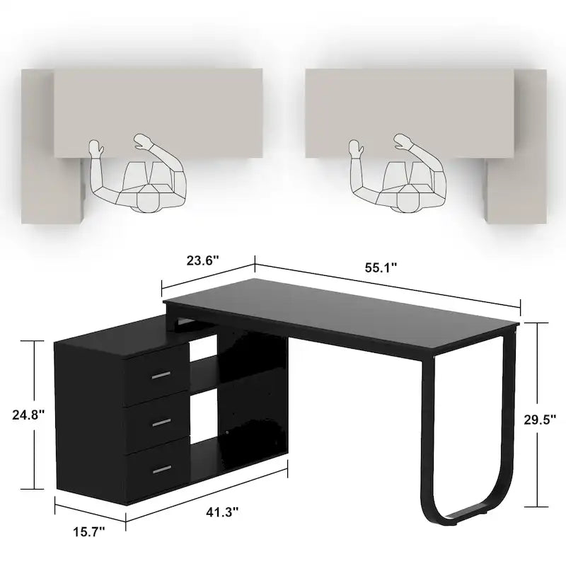 Bureau de direction en forme de L avec 3 tiroirs pour la maison et le bureau
