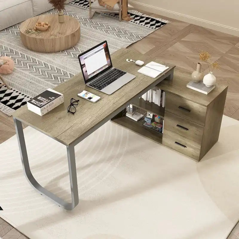 Bureau de direction en forme de L avec 3 tiroirs pour la maison et le bureau
