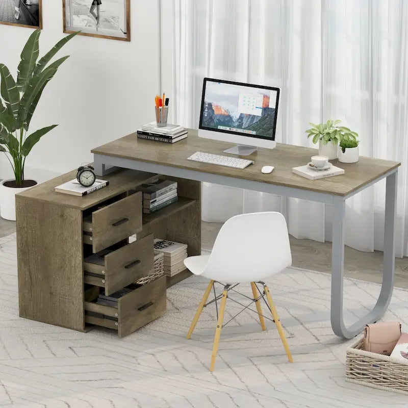 Bureau de direction en forme de L avec 3 tiroirs pour la maison et le bureau