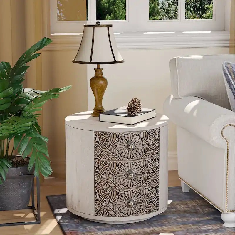 COSIEST Vintage Brown Pattern Solid Wood End Table with Drawers