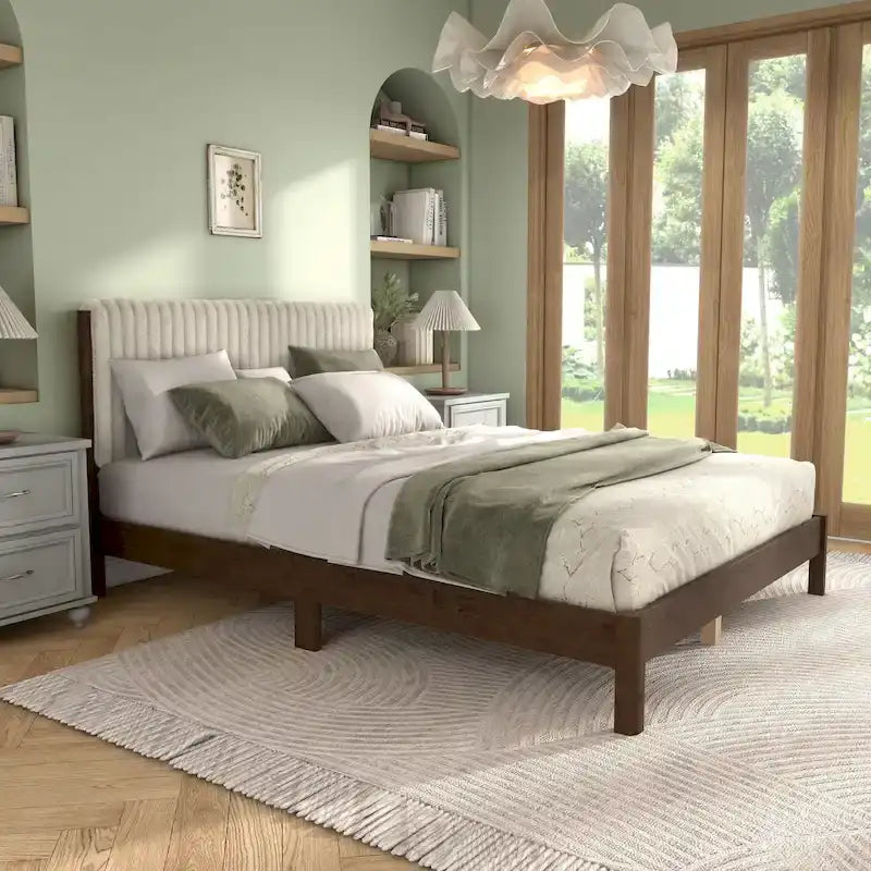 DH BASIC Modern Channel Tufted Upholstered Queen Platform Bed with Solid Wood Slats by Denhour