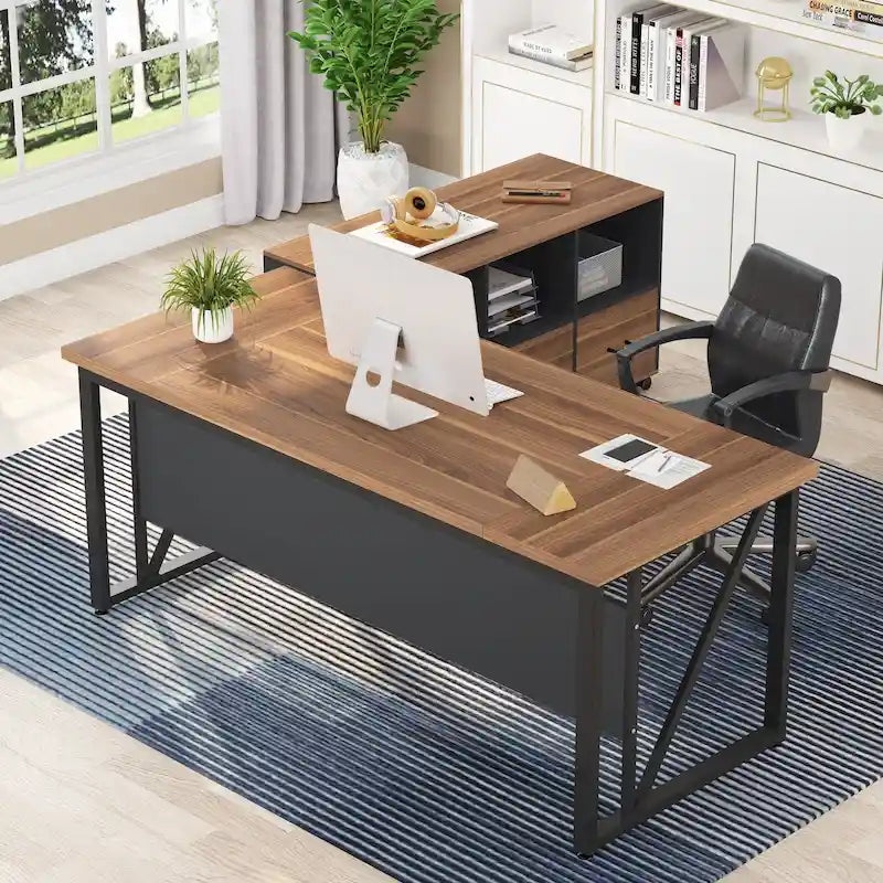 Bureau d'ordinateur en L de 63 pouces avec caisson latéral de 47 pouces, ensemble de bureau de direction pour bureau à domicile