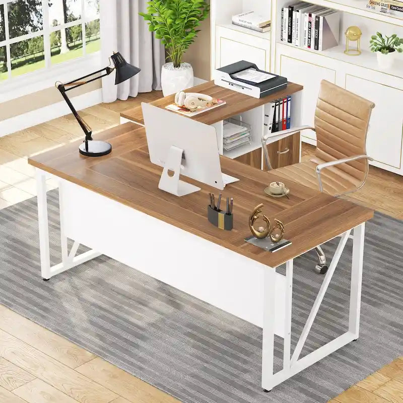 Bureau d'ordinateur en L de 63 pouces avec caisson latéral de 47 pouces, ensemble de bureau de direction pour bureau à domicile