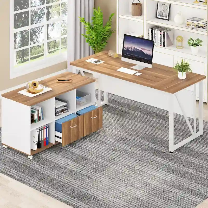 Bureau d'ordinateur en L de 63 pouces avec caisson latéral de 47 pouces, ensemble de bureau de direction pour bureau à domicile
