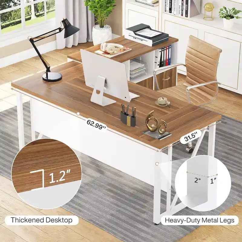 Bureau d'ordinateur en L de 63 pouces avec caisson latéral de 47 pouces, ensemble de bureau de direction pour bureau à domicile