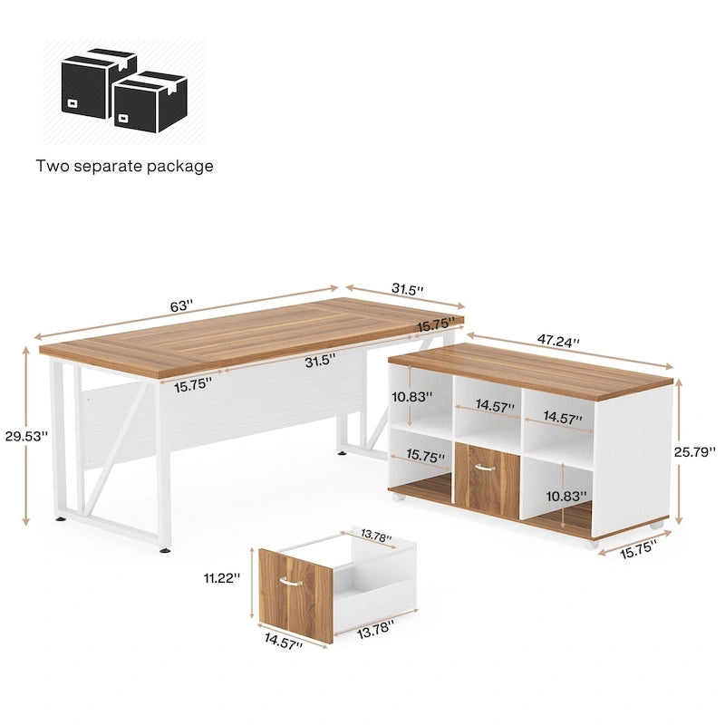 Bureau d'ordinateur en L de 63 pouces avec caisson latéral de 47 pouces, ensemble de bureau de direction pour bureau à domicile