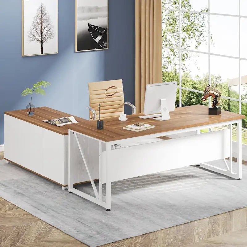 Bureau d'ordinateur en L de 63 pouces avec caisson latéral de 47 pouces, ensemble de bureau de direction pour bureau à domicile
