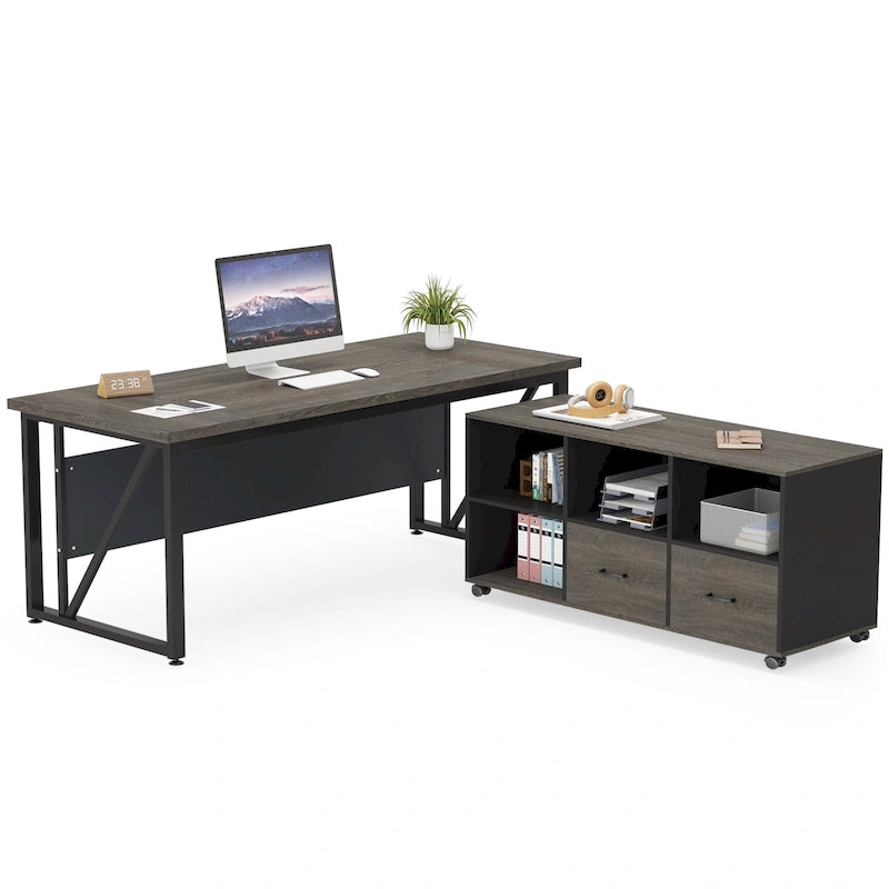 Bureau d'ordinateur en L de 63 pouces avec caisson latéral de 47 pouces, ensemble de bureau de direction pour bureau à domicile