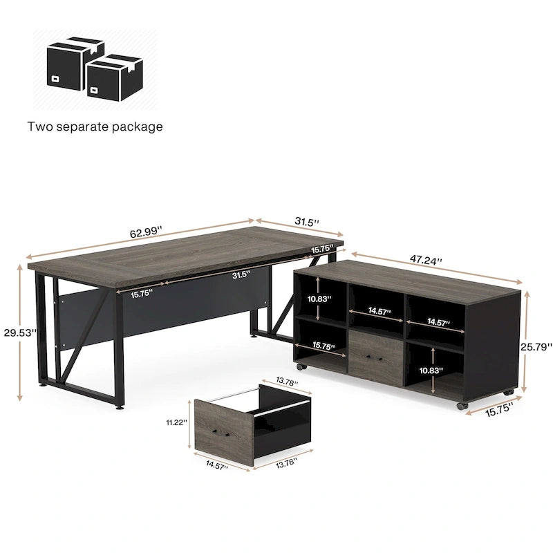 Bureau d'ordinateur en L de 63 pouces avec caisson latéral de 47 pouces, ensemble de bureau de direction pour bureau à domicile