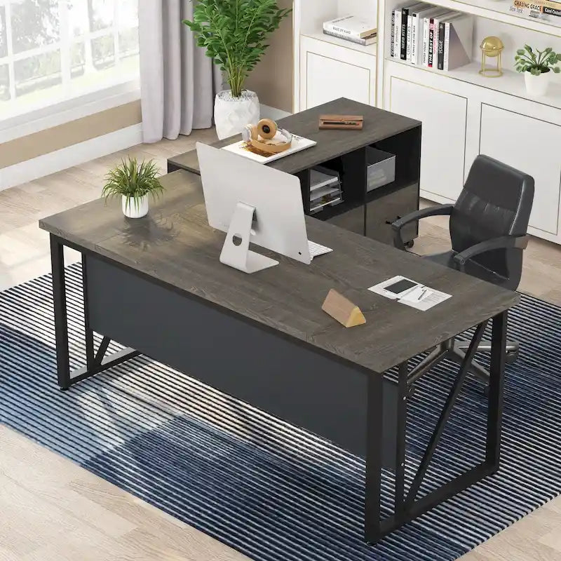 Bureau d'ordinateur en L de 63 pouces avec caisson latéral de 47 pouces, ensemble de bureau de direction pour bureau à domicile