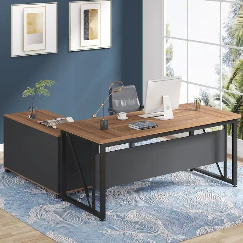 Bureau d'ordinateur en L de 63 pouces avec caisson latéral de 47 pouces, ensemble de bureau de direction pour bureau à domicile