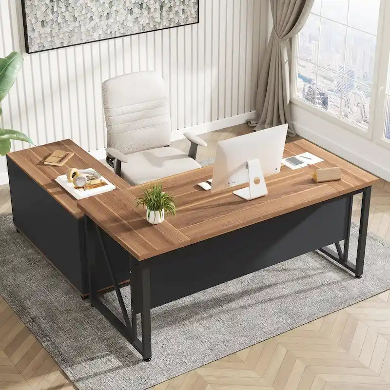 Bureau d'ordinateur en L de 63 pouces avec caisson latéral de 47 pouces, ensemble de bureau de direction pour bureau à domicile