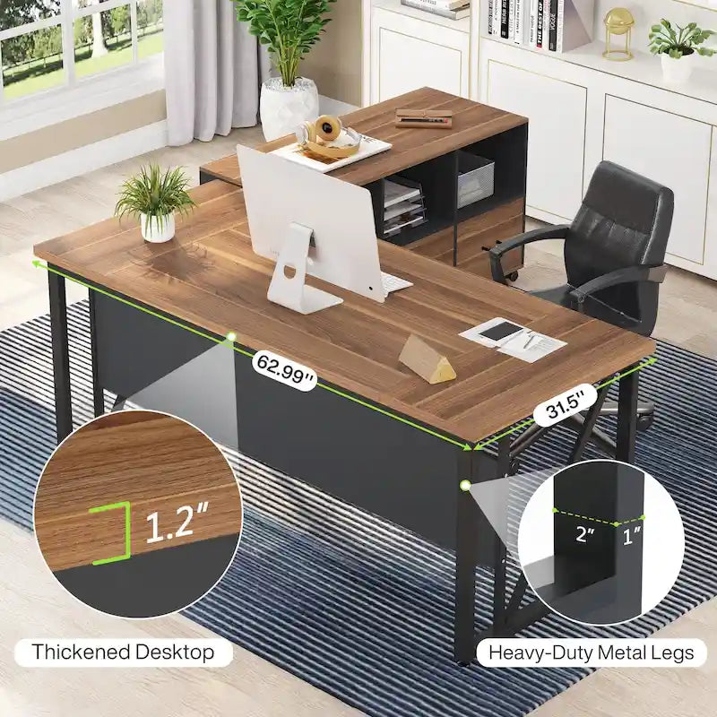 Bureau d'ordinateur en L de 63 pouces avec caisson latéral de 47 pouces, ensemble de bureau de direction pour bureau à domicile