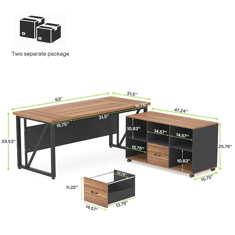 Bureau d'ordinateur en L de 63 pouces avec caisson latéral de 47 pouces, ensemble de bureau de direction pour bureau à domicile