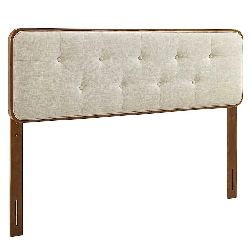 Tête de lit Glendale traditionnelle en tissu beige capitonné à boutons, format queen, en bois de noyer