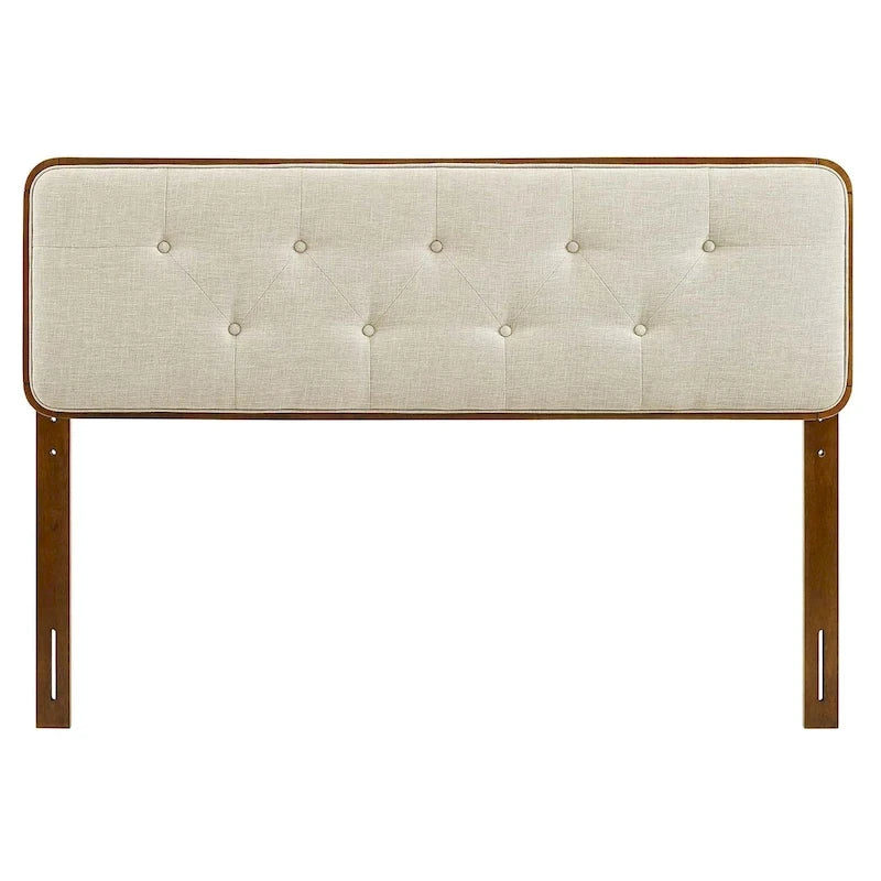 Tête de lit Glendale traditionnelle en tissu beige capitonné à boutons, format queen, en bois de noyer