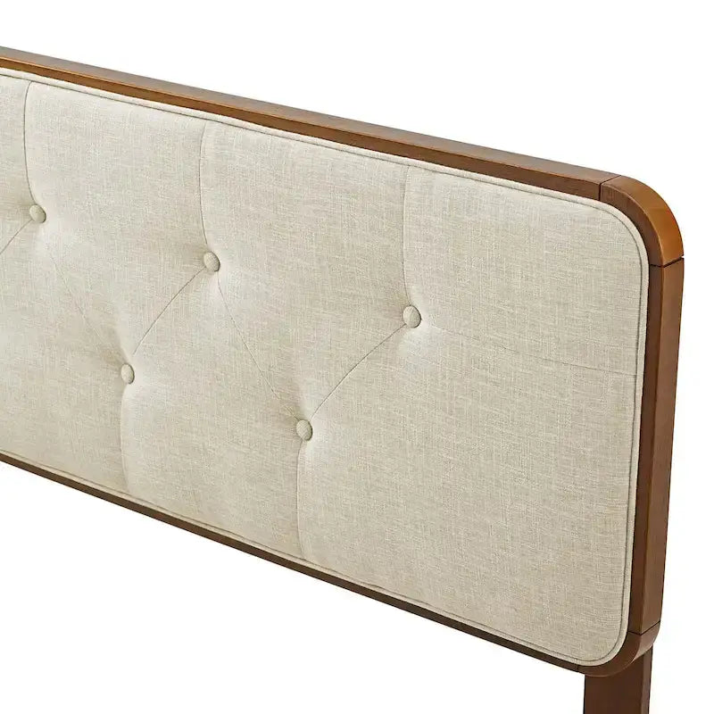 Tête de lit Glendale traditionnelle en tissu beige capitonné à boutons, format queen, en bois de noyer