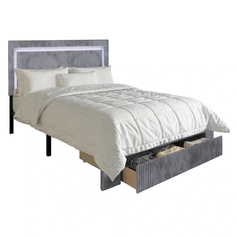 Lit plateforme de rangement CraftPorch en velours côtelé capitonné avec éclairage LED