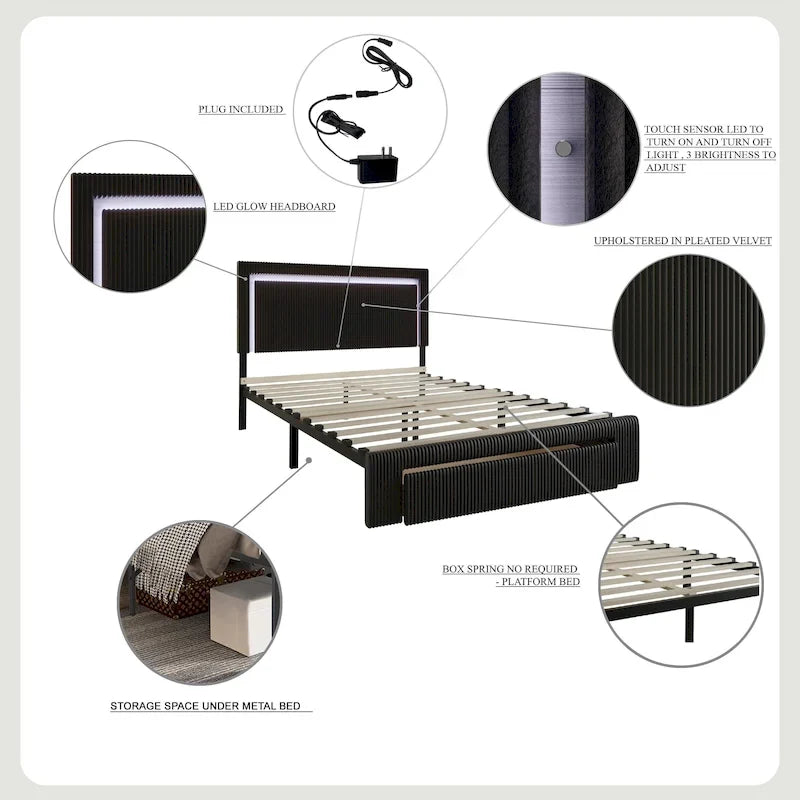 Lit plateforme de rangement CraftPorch en velours côtelé capitonné avec éclairage LED