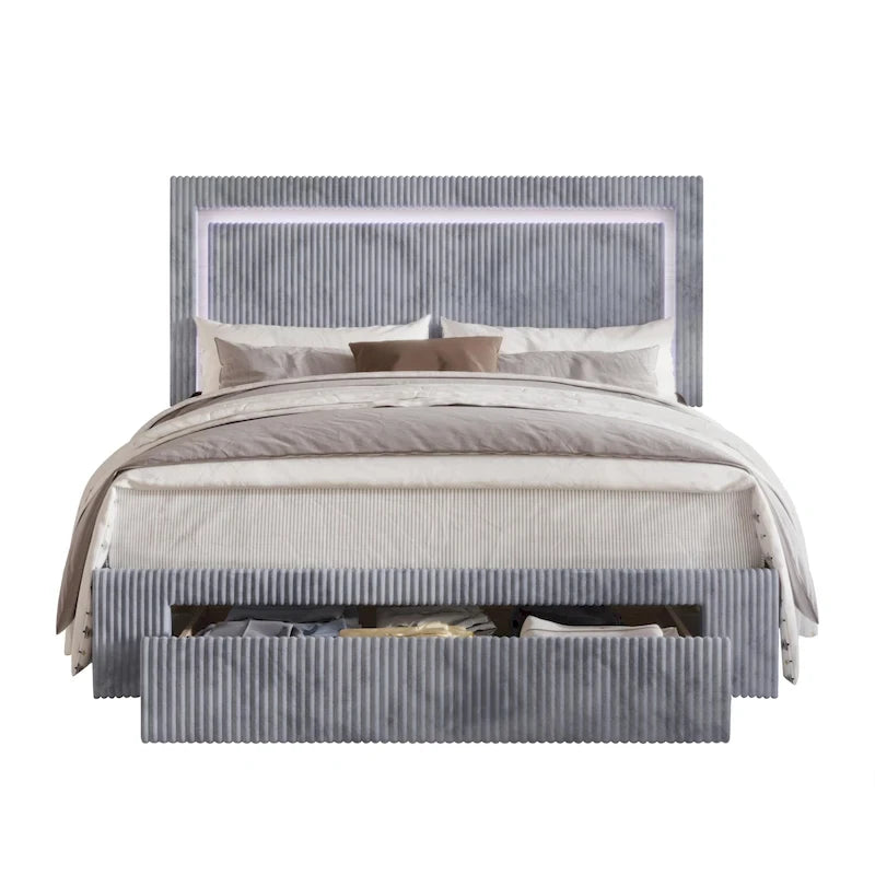 Lit plateforme de rangement CraftPorch en velours côtelé capitonné avec éclairage LED