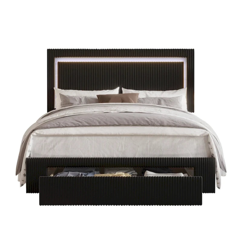 Lit plateforme de rangement CraftPorch en velours côtelé capitonné avec éclairage LED