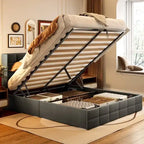 Cadre de lit coffre relevable, cadre de lit plateforme rembourré avec système de rangement hydraulique et tête de lit