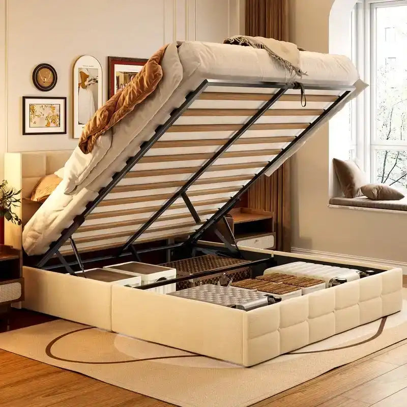 Cadre de lit coffre relevable, cadre de lit plateforme rembourré avec système de rangement hydraulique et tête de lit