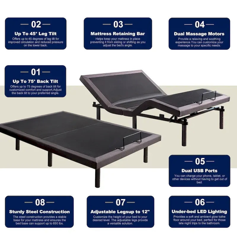 Cadre de lit ajustable pour lits coffres, position zéro gravité, station de chargement USB, télécommande sans fil pour l'inclinaison de la tête et des pieds