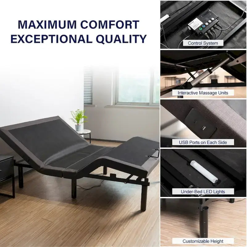 Cadre de lit ajustable pour lits coffres, position zéro gravité, station de chargement USB, télécommande sans fil pour l'inclinaison de la tête et des pieds