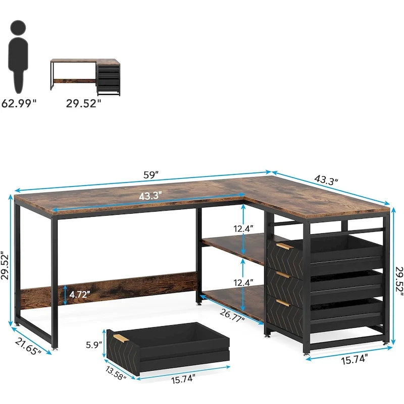 Bureau d'ordinateur réversible en forme de L, table d'écriture robuste, poste de travail