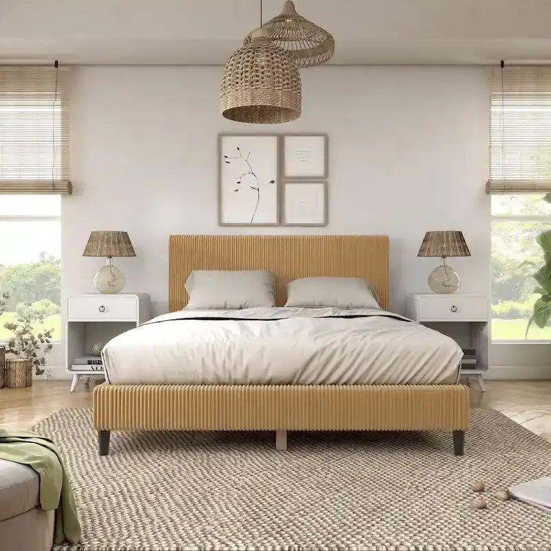 Lit plateforme moderne en velours côtelé Furniture of America, format queen, sans sommier requis