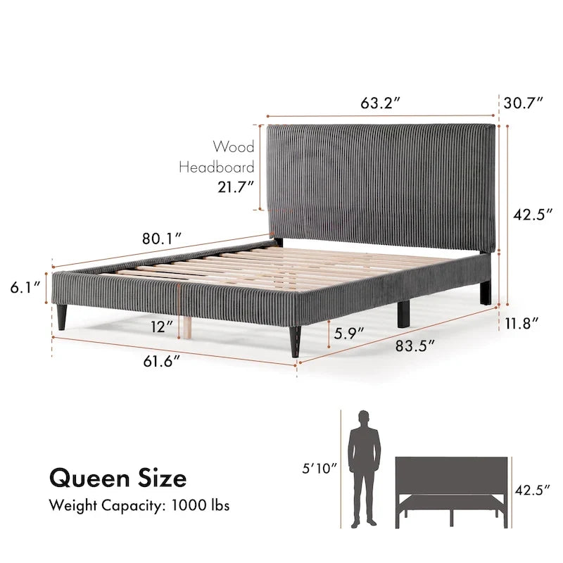 Lit plateforme moderne en velours côtelé Furniture of America, format queen, sans sommier requis