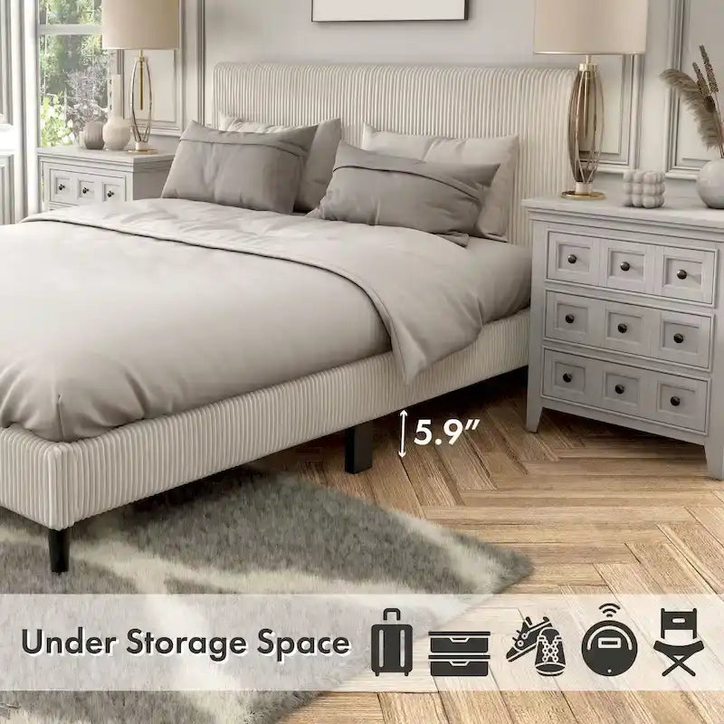 Lit plateforme moderne en velours côtelé Furniture of America, format queen, sans sommier requis