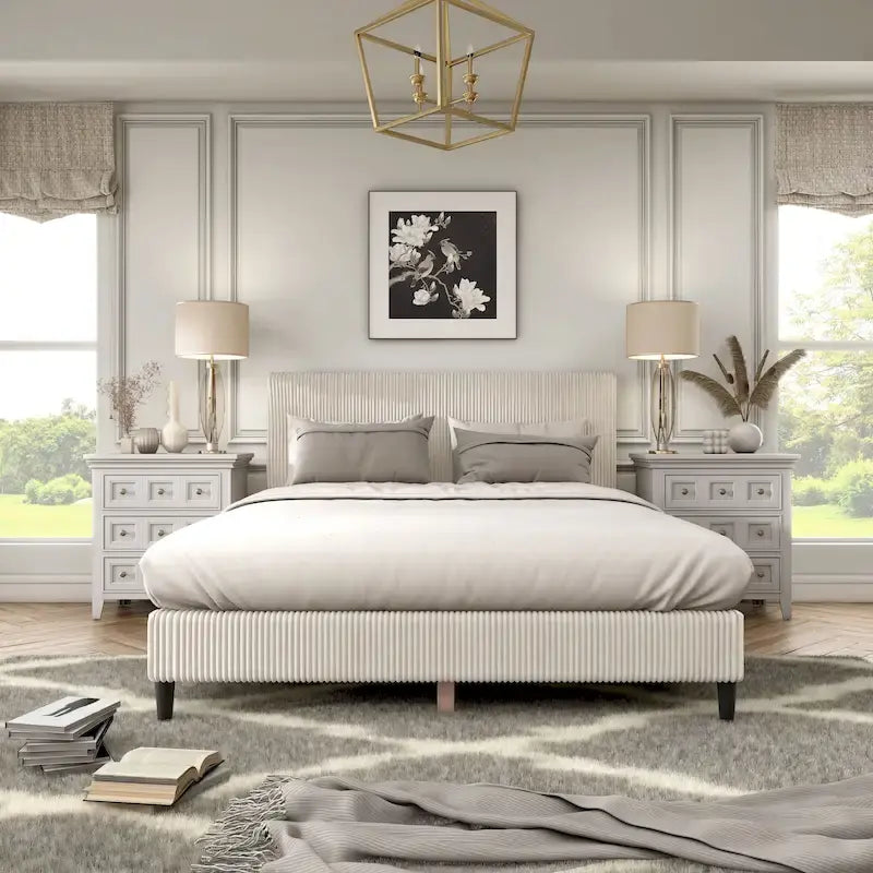 Lit plateforme moderne en velours côtelé Furniture of America, format queen, sans sommier requis