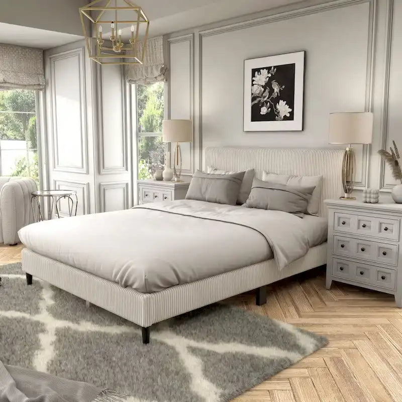 Lit plateforme moderne en velours côtelé Furniture of America, format queen, sans sommier requis